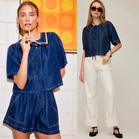 NWT Fifteen Twenty Nadine Bow Detail Short Sleeve Top Blue Size: Extra Small - Picture 8 of 8